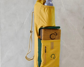 Bolsa para esterilla de yoga color amarillo suave, (1) bolsa para bloques, correas ajustables, bolsillo para botella de agua