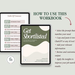 The image is a promotional graphic for a book titled "Get Shortlisted" by the author, which appears to be a guide for job seekers. The book is designed to help people find high-impact jobs and improve their job search results. The image includes a table of contents, a list of topics, and instructions on how to use the book.