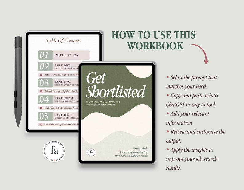 The image is a promotional graphic for a book titled "Get Shortlisted" by the author, which appears to be a guide for job seekers. The book is designed to help people find high-impact jobs and improve their job search results. The image includes a table of contents, a list of topics, and instructions on how to use the book.