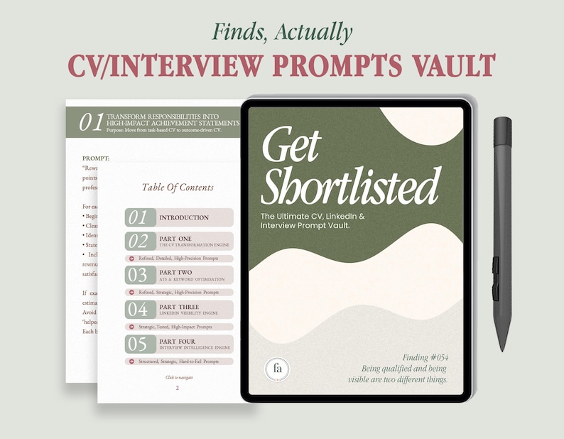 a book titled "Get Shortlisted" with a tablet and a pen on a light background. The book appears to be a guide for job seekers, providing tips and advice on how to improve their CVs and increase their chances of being shortlisted for interviews.