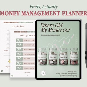 May include: A digital money management planner displayed on a tablet screen with a stylus. The cover features the text Where Did My Money Go? and four glass jars labeled Investment, Savings, Spending, and Household filled with coins.