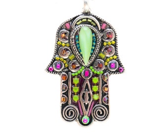 Oriental Hamsa Hand Multicolor Pendant with Swarovski Crystal Beads Religious Protector Necklace Jewelry Gift