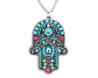 Evil Eye Hamsa Necklace Turquoise Hamsa Oriental Protection Pendant Necklace Swarovski Crystals Beaded Jewelry