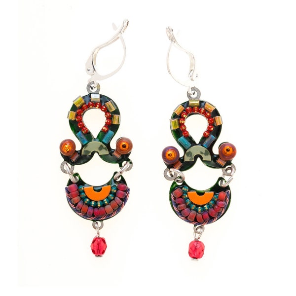 Multicolor Earrings Beaded Colorful Swarovski Crystals Stones Handcrafted One of a Kind Israeli Designers Branded Jewelry in Warm Colors