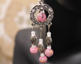 Chandelier Earrings, Glass Lampwork Earrings, Beaded Earrings. Drop and Dangle Earrings, Gift for Her, Gift for Them, Pink Dangle Earrings