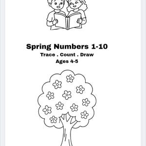 Może przedstawiać: Czarno-biała ilustracja strony z książki z ćwiczeniami dla dzieci. Wyświetlany jest tytuł "Spring Numbers 1-10" wraz z instrukcjami dotyczącymi śledzenia, liczenia i rysowania. Strona zawiera ilustracje czytających dzieci i kwitnącego drzewa.