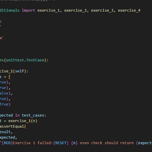 May include: A screenshot of Python code on a dark background. The code includes import statements, colour codes, and a test function with test cases. The text "Exercise 1 failed" is visible in red. The code is displayed in a monospaced font.