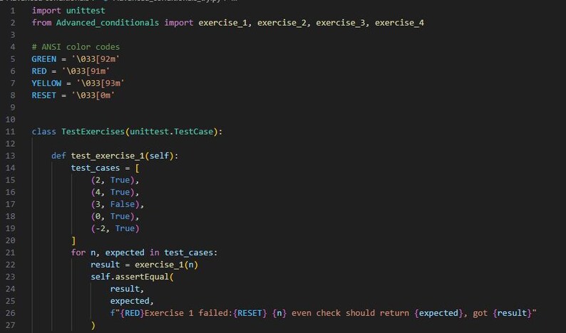 May include: A screenshot of Python code on a dark background. The code includes import statements, colour codes, and a test function with test cases. The text "Exercise 1 failed" is visible in red. The code is displayed in a monospaced font.