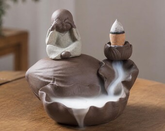 Backflow Incense Burner Monk Lotus Smoke Waterfall Holder 3.3in