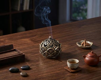 Cloud Lotus Incense Holder Bronze Stick Burner Zen Mini 1.4in