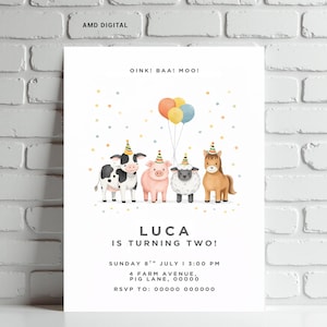 May include: A birthday invitation featuring watercolor illustrations of a cow, pig, sheep, and horse wearing party hats, with balloons overhead. The text reads "OINK! BAA! MOO!" and "LUCA IS TURNING TWO!" with event details.