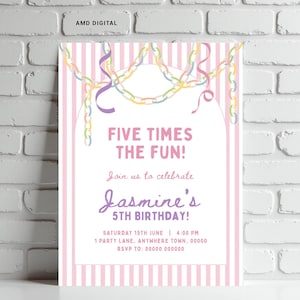 Fem gånger roligare födelsedagsinbjudan, flicka 5-årsdagsinbjudan, Canva-mall (digital nedladdning)