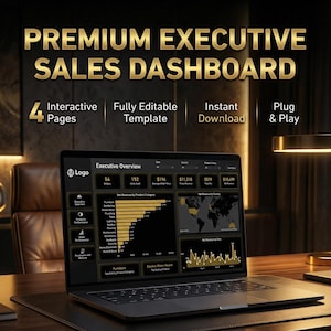Può includere: Un laptop che mostra un "Premium Executive Sales Dashboard" con visualizzazioni di dati. Lo schermo mostra metriche di vendita, grafici e una mappa del mondo. Il testo include "Executive Overview" e "Instant Download".