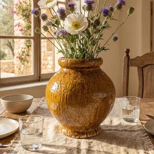 May include: A round, mustard-yellow ceramic vase with a textured, glossy finish, featuring a wide body and a narrow neck. The vase is filled with a bouquet of white poppies and purple thistle flowers, with several green, unopened flower buds.