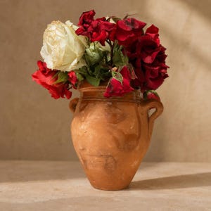 May include: A terracotta vase with two handles holds a bouquet of red and white roses. The vase has a rustic, aged appearance, and the roses are in various stages of bloom. The background is a neutral beige.