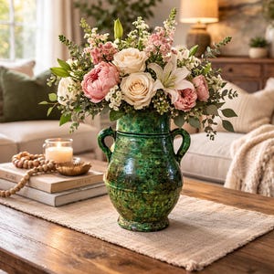 Könnte beinhalten: Eine grüne Keramikvase mit zwei Griffen enthält ein lebendiges Blumenarrangement aus rosa Pfingstrosen, weißen Lilien und Rosen. Die Vase steht auf einem Holztisch mit einem Läufer in neutralen Farben. Eine brennende Kerze und dekorative Perlen befinden sich ebenfalls auf dem Tisch.