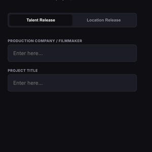May include: A dark screen displays a mobile app interface for CineSign. The app shows a 'Production Info' form with fields for project details, including 'Talent Release' and 'Location Release' options. Text prompts users to enter information for the production company and project title.