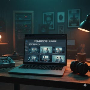 Può includere: Un laptop mostra un'interfaccia di editing video con il testo "NO SUBSCRIPTION REQUIRED" e "Storyboard Pro". Il laptop è su una scrivania di legno con cuffie, una tazza e un pannello di controllo. Lo sfondo include opere d'arte incorniciate e un rack da studio.
