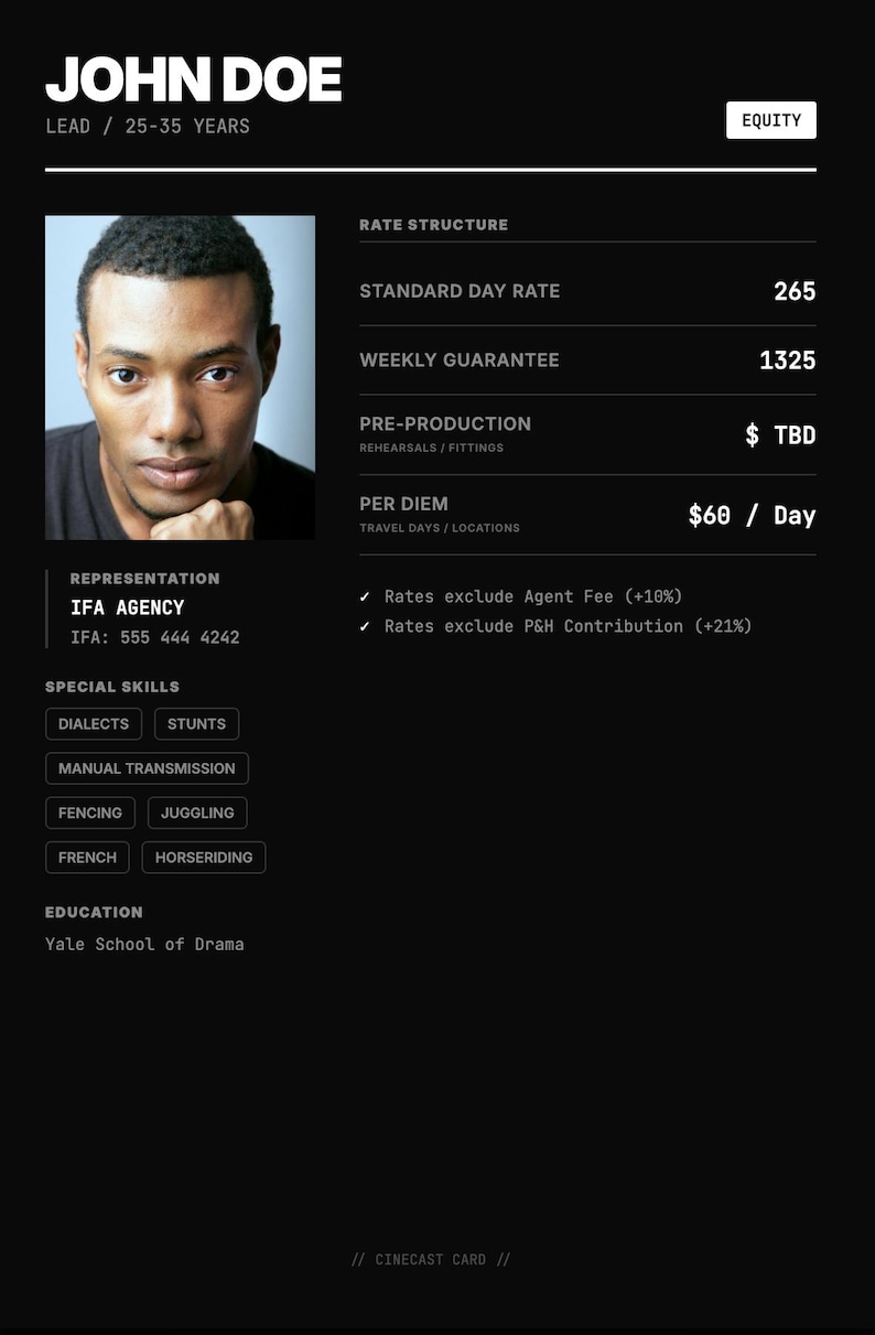 Cinecast Actor Rate Card | Professional Talent Quote Sheet | SAG-AFTRA ...