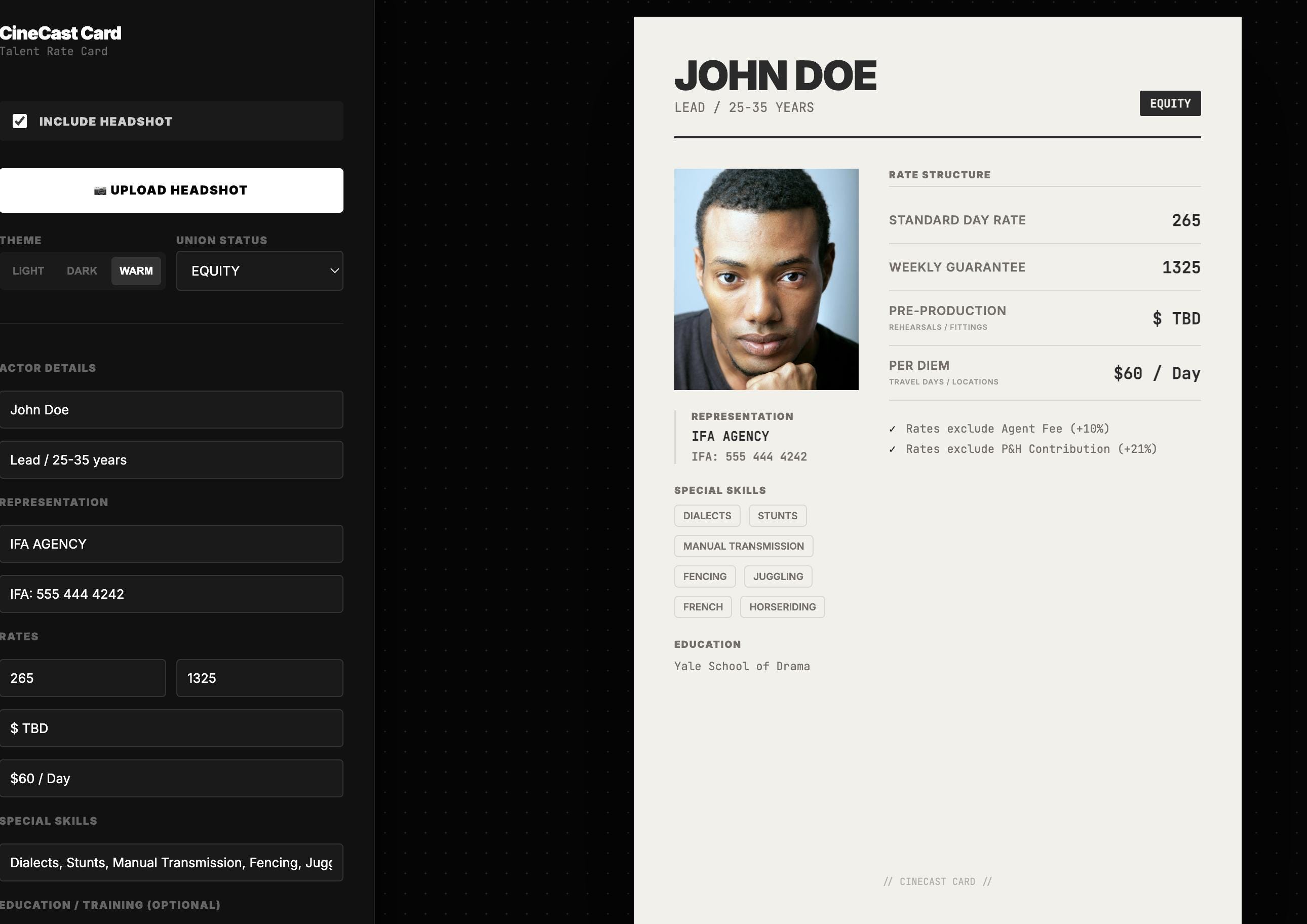 Cinecast Actor Rate Card | Professional Talent Quote Sheet | SAG-AFTRA ...