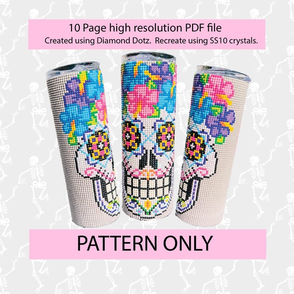 SS10 Floral Sugar Skull bling tumbler,halloween,Day of the dead,bling pattern,tumbler graph,rhinestone tumbler,linear template,linear,dotz