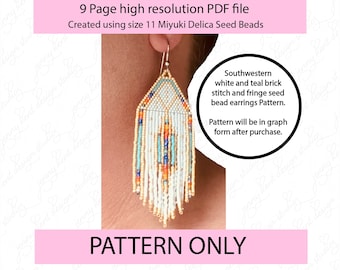 Southwestern white and teal brick stitch and fringe miyuki delica seed bead earring pattern,size 11 seed beads,square stitch,pattern,diy,