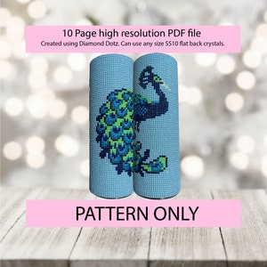 Peacock bling tumbler pattern,bling tumbler,inkjoy,pdf,color graph,written pattern,square stitch,diy,Diamond dotz, ss10,flatback crystal