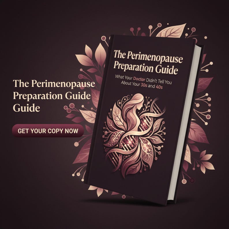 May include: A book titled "The Perimenopause Preparation Guide" with the subtitle "What Your Doctor Didn't Tell You About Your 30s and 40s." The cover features a woman's silhouette within an ornate floral design in shades of brown and gold. The book is set against a dark background with floral accents.