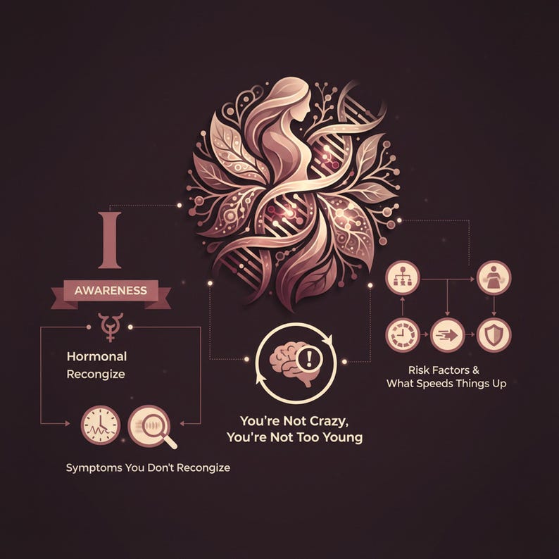 May include: An illustrated infographic with a woman's silhouette intertwined with DNA strands and floral elements. The text includes "Awareness", "Hormonal Recognize", "You're Not Crazy, You're Not Too Young", and "Risk Factors & What Speeds Things Up".