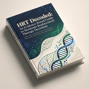 以下が含まれることがあります： 「HRT Decoded: An Evidence-Based Guide to Hormone Replacement Therapy Decisions」というタイトルのハードカバー本。表紙は濃い青色の背景に白い文字と、青と緑のDNAをイメージしたデザインが特徴です。