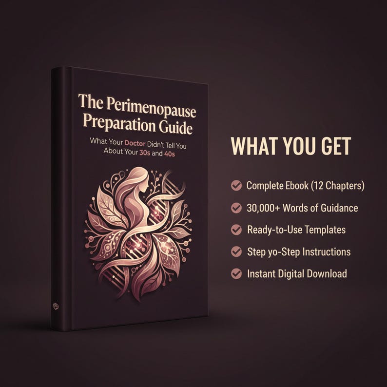 May include: A book titled "The Perimenopause Preparation Guide" with the subtitle "What Your Doctor Didn't Tell You About Your 30s and 40s." The cover features a woman silhouette within a floral design. The text "WHAT YOU GET" is displayed with bullet points.