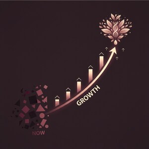 May include: An illustration depicting the concept of growth. A curved arrow labeled "GROWTH" ascends from a cluster of shapes labeled "NOW" towards a floral design with a DNA strand. The color palette is primarily shades of brown and pink.