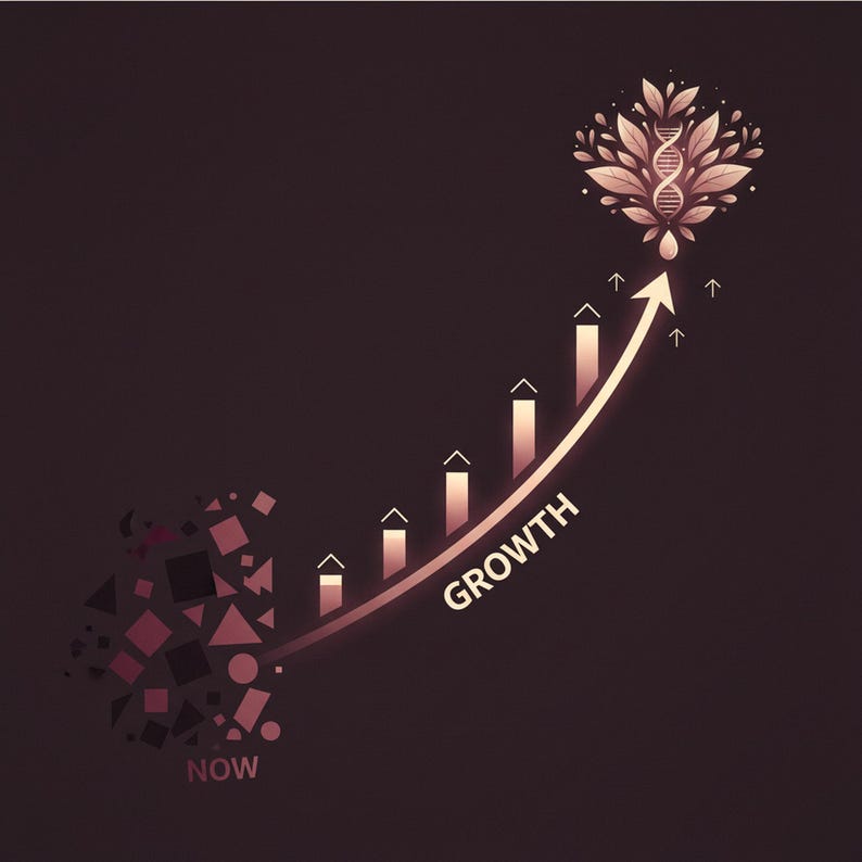 May include: An illustration depicting the concept of growth. A curved arrow labeled "GROWTH" ascends from a cluster of shapes labeled "NOW" towards a floral design with a DNA strand. The color palette is primarily shades of brown and pink.