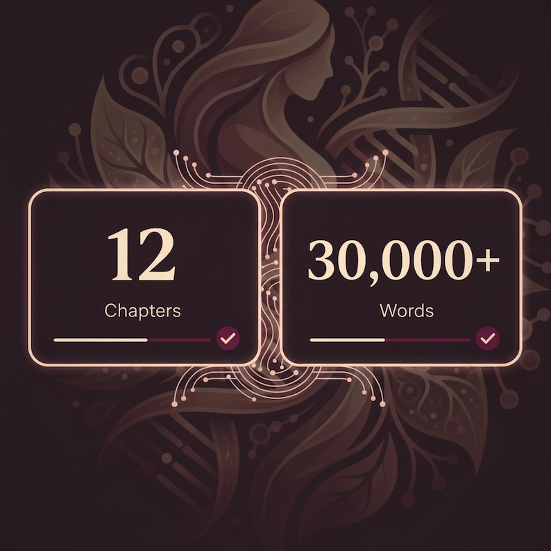 May include: An artistic graphic with a dark background features two square panels with the numbers "12 Chapters" and "30,000+ Words" in white. The background has a silhouette of a woman and abstract botanical elements.