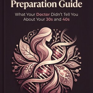 May include: A book cover with the title "The Perimenopause Preparation Guide". The cover features a stylized illustration of a woman's silhouette surrounded by floral and scientific elements in shades of pink and brown. The text "What Your Doctor Didn't Tell You About Your 30s and 40s" is also included.