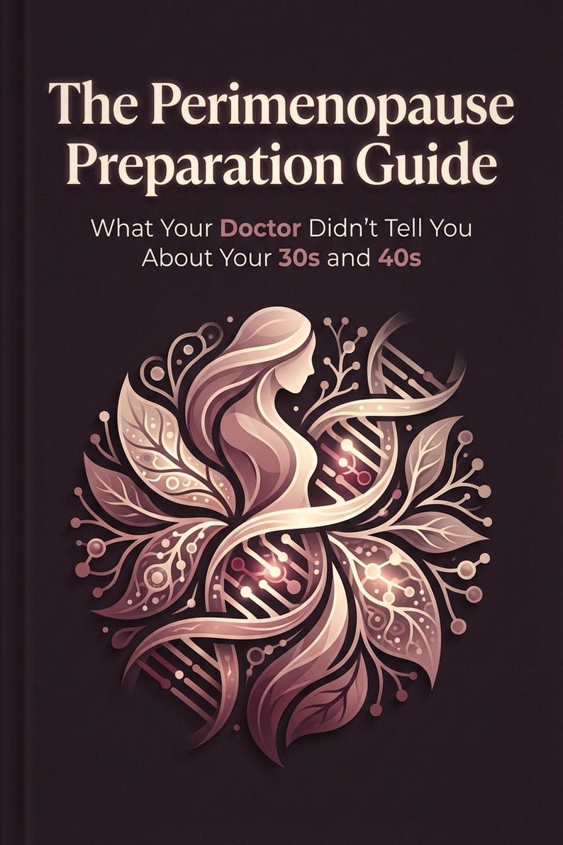 May include: A book cover with the title "The Perimenopause Preparation Guide". The cover features a stylized illustration of a woman's silhouette surrounded by floral and scientific elements in shades of pink and brown. The text "What Your Doctor Didn't Tell You About Your 30s and 40s" is also included.