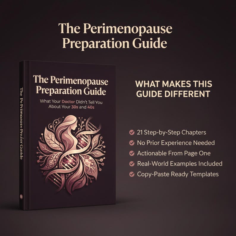 May include: A book titled "The Perimenopause Preparation Guide" with a dark cover featuring an illustration of a woman and botanical elements. The book's spine reads "The Perimenopause Preparation Guide". The text on the cover reads "What Your Doctor Didn't Tell You About Your 30s and 40s".