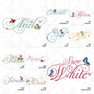 a collection of Disney-themed illustrations featuring characters from various Disney films, including Ariel, Belle, Snow White, and other well-known characters.