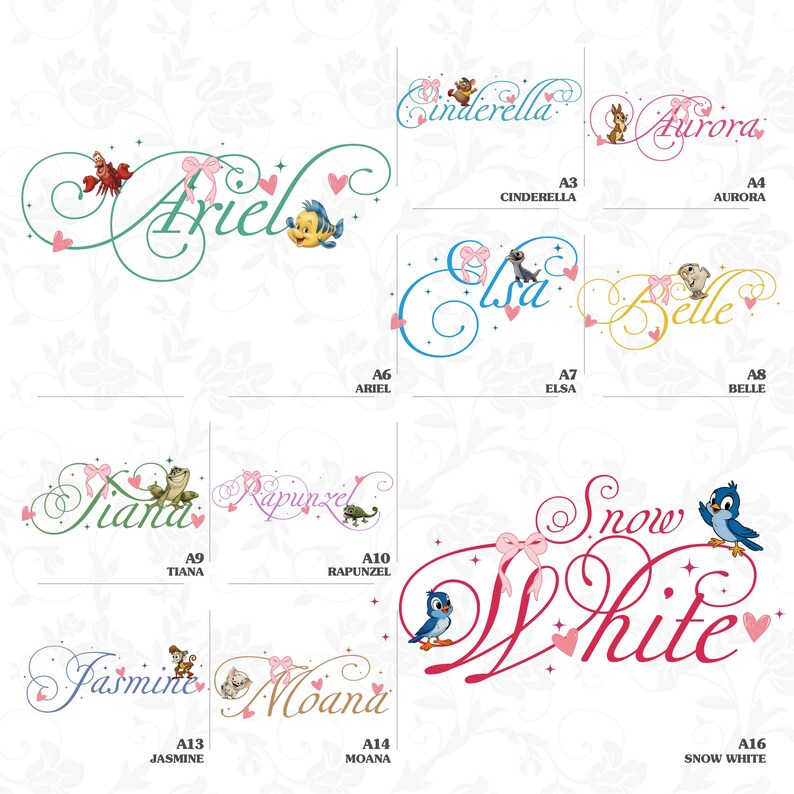 a collection of Disney-themed illustrations featuring characters from various Disney films, including Ariel, Belle, Snow White, and other well-known characters.