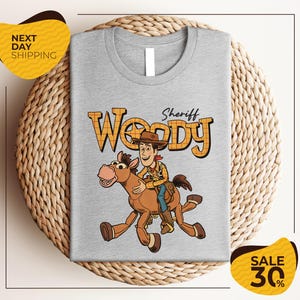 A gray t-shirt with a cartoon image of Woody, a character from the Toy Story franchise, riding a brown horse. The t-shirt is displayed on a woven basket, and there are yellow sale signs indicating a 30% discount.