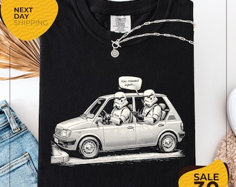 Comfort Colors® Funny Stormtrooper Driving Shirt | You Missed Again Meme Tee | Sci-Fi Parody Car Shirt | Vintage Line Art Funny Shirt | Nerd