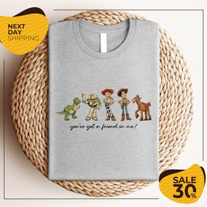 A gray t-shirt with a graphic design featuring characters from the Toy Story movie, including Woody, Buzz Lightyear, and a horse. The text below the characters says "you've got a friend in me!"