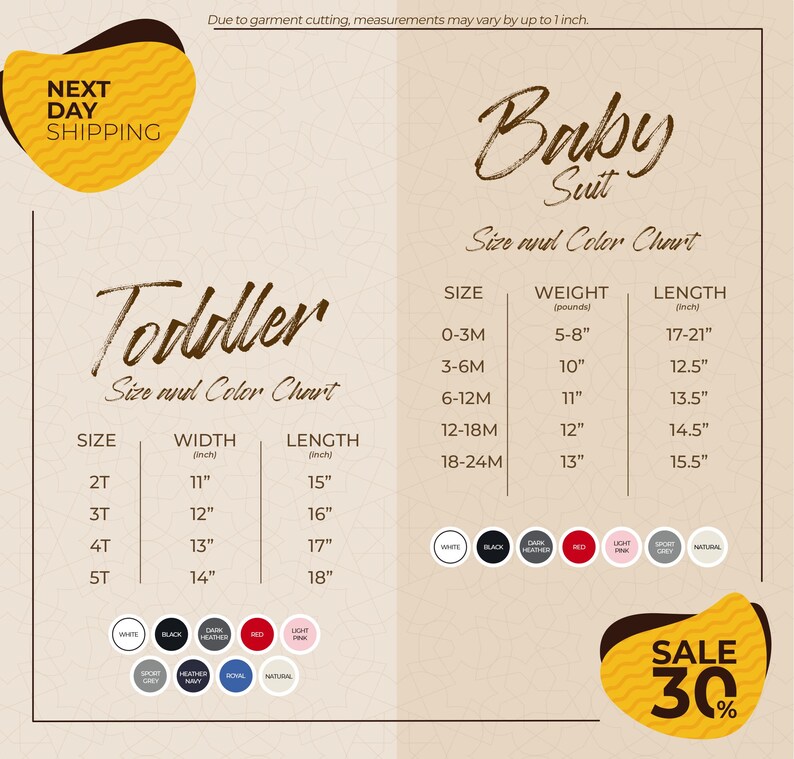 The image is a promotional flyer for a clothing store, displaying size and color charts for toddler and baby suits. The flyer includes a sale offer of 30% off on the baby suit.