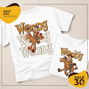 two white t-shirts with the character Woody from the Toy Story franchise. The t-shirts are displayed on a beige background, and there are yellow and black text elements related to the t-shirts, such as "Next Day Shipping" and "Sale 30%".