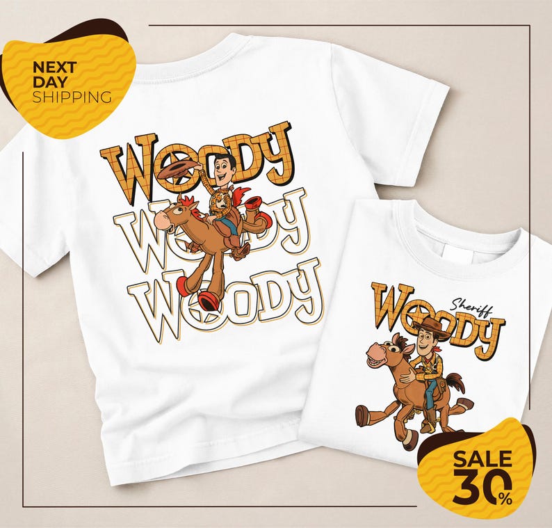 two white t-shirts with the character Woody from the Toy Story franchise. The t-shirts are displayed on a beige background, and there are yellow and black text elements related to the t-shirts, such as "Next Day Shipping" and "Sale 30%".