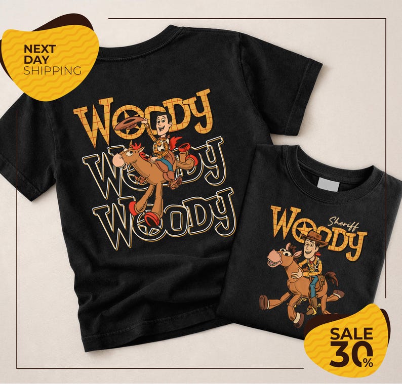 a black t-shirt with the character Woody from the Toy Story franchise, along with a smaller t-shirt that appears to be a children's shirt. The t-shirts are displayed together, and there is a sale sign indicating a 30% discount.