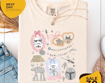 Comfort Colors® Retro Coquette Disney Star Wars Shirt | Bow Aesthetic | R2D2 ATAT Ewok Tee | Disney Trip Shirt | Disneyworld Star Wars Tee