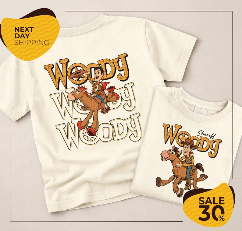 two white t-shirts with the character Woody from the Toy Story franchise. The t-shirts are displayed on a light background, and there are yellow and black text elements in the image.
