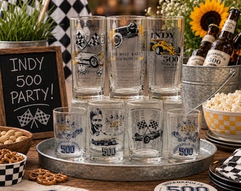 Vintage Indy 500 Commemorative Drinking Glasses Set of 7 | Indianapolis 500 Collectible Barware Tumblers
