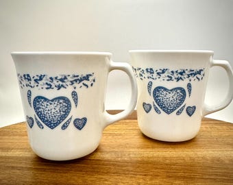 Vintage Corning Mugs | Blue Hearts | Set Of 2 | Blue Sponge Print